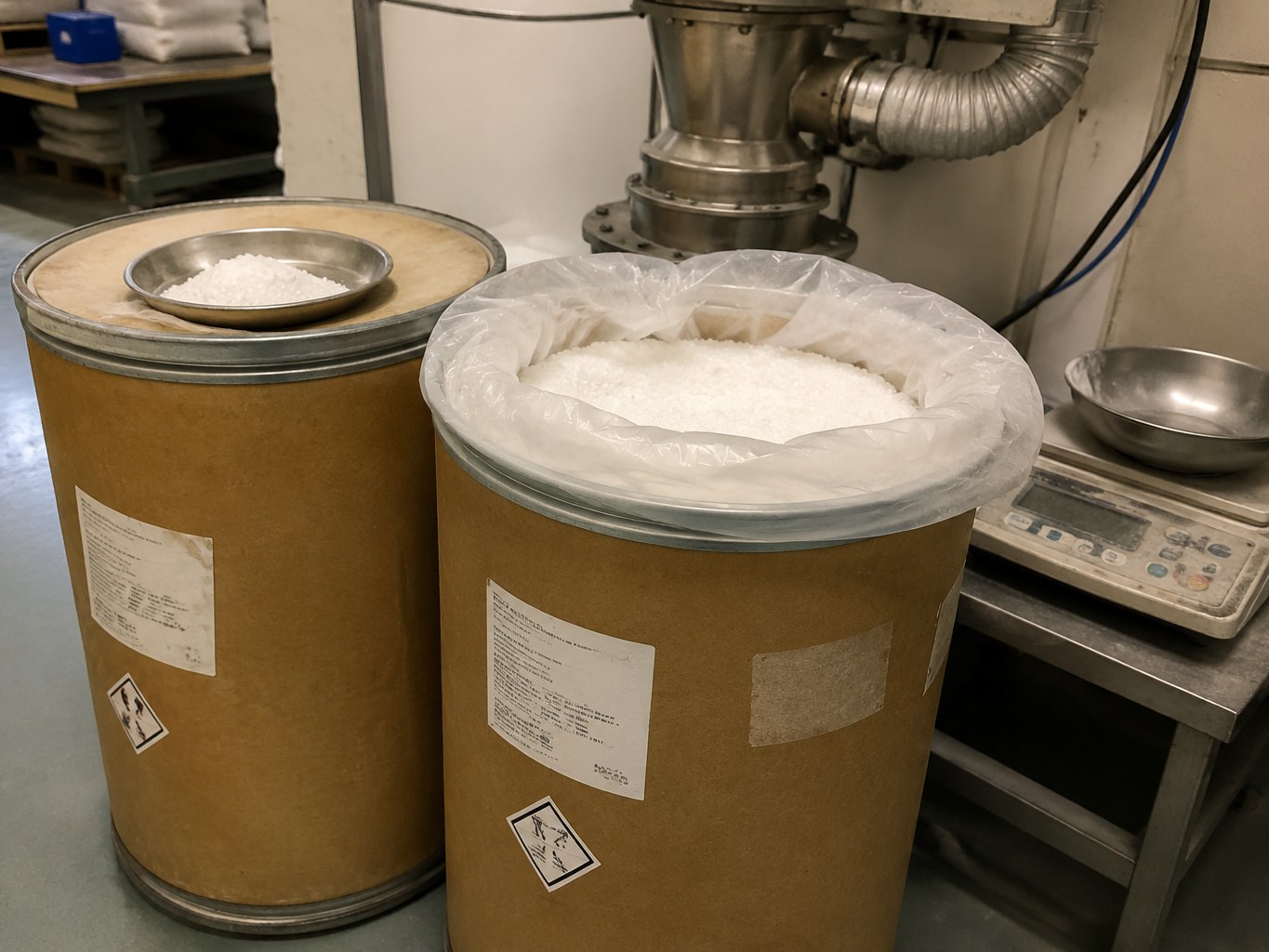 Open fibre drums of white ammonium molybdate crystals beside a powder scale