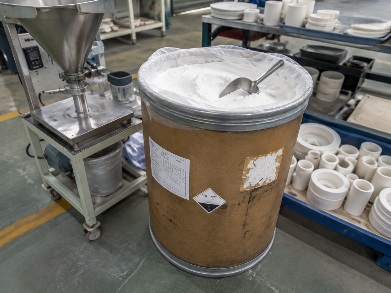 Fine white boron nitride powder in a lined drum near ceramic processing equipment.