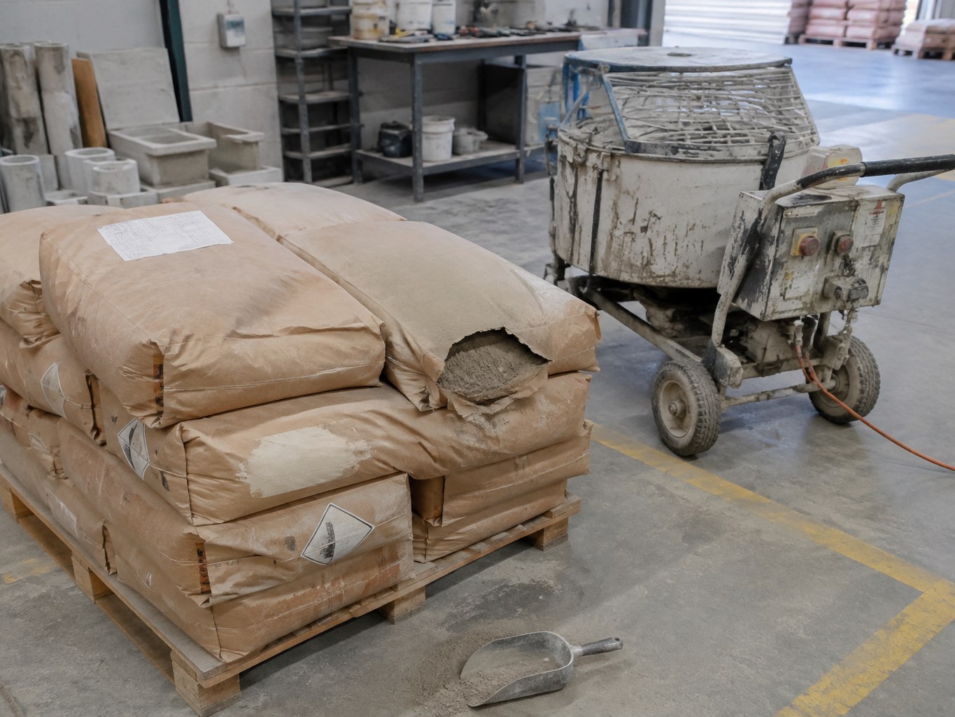 Torn paper sacks of calcium aluminate cement beside a used refractory mixer.