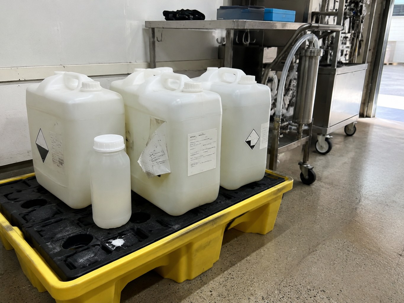 White CMP slurry jerricans staged on a yellow spill pallet beside polishing equipment.