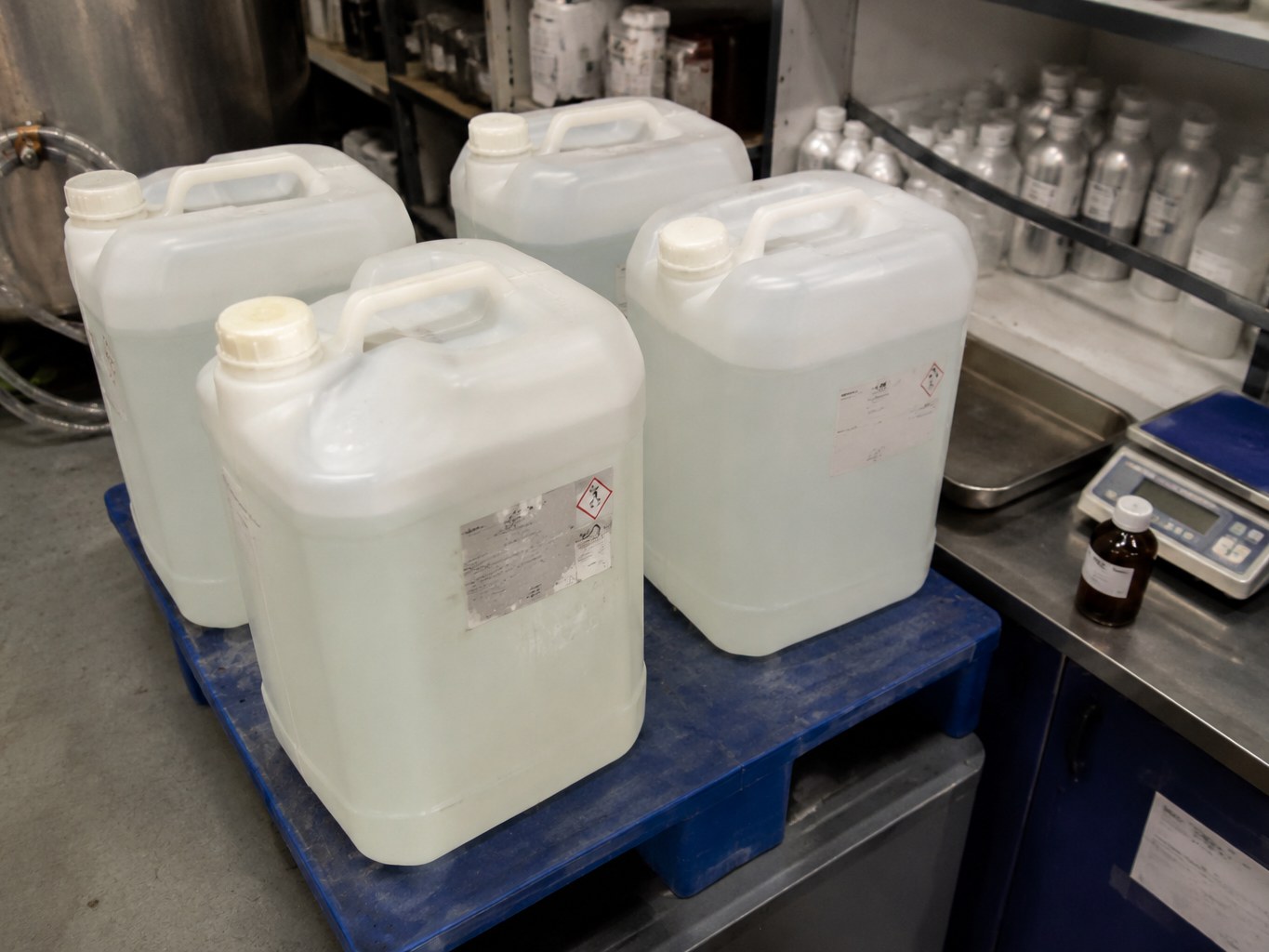 Translucent jerrycans of clear cyclopentasiloxane beside a scale in a compounding room