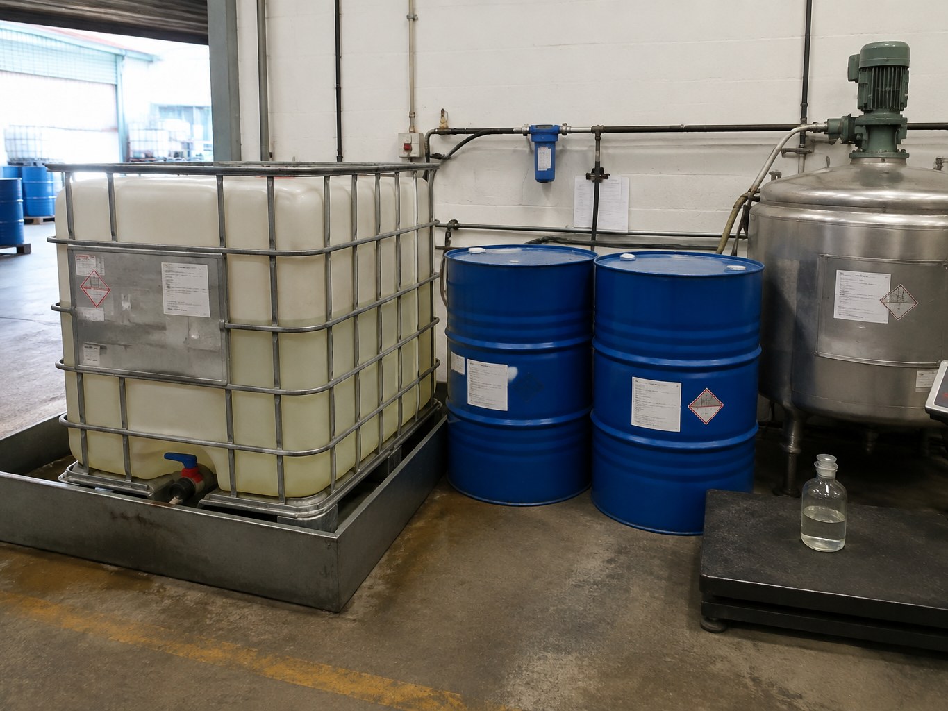 Diethyl sebacate IBC and drums staged beside stainless blending equipment.