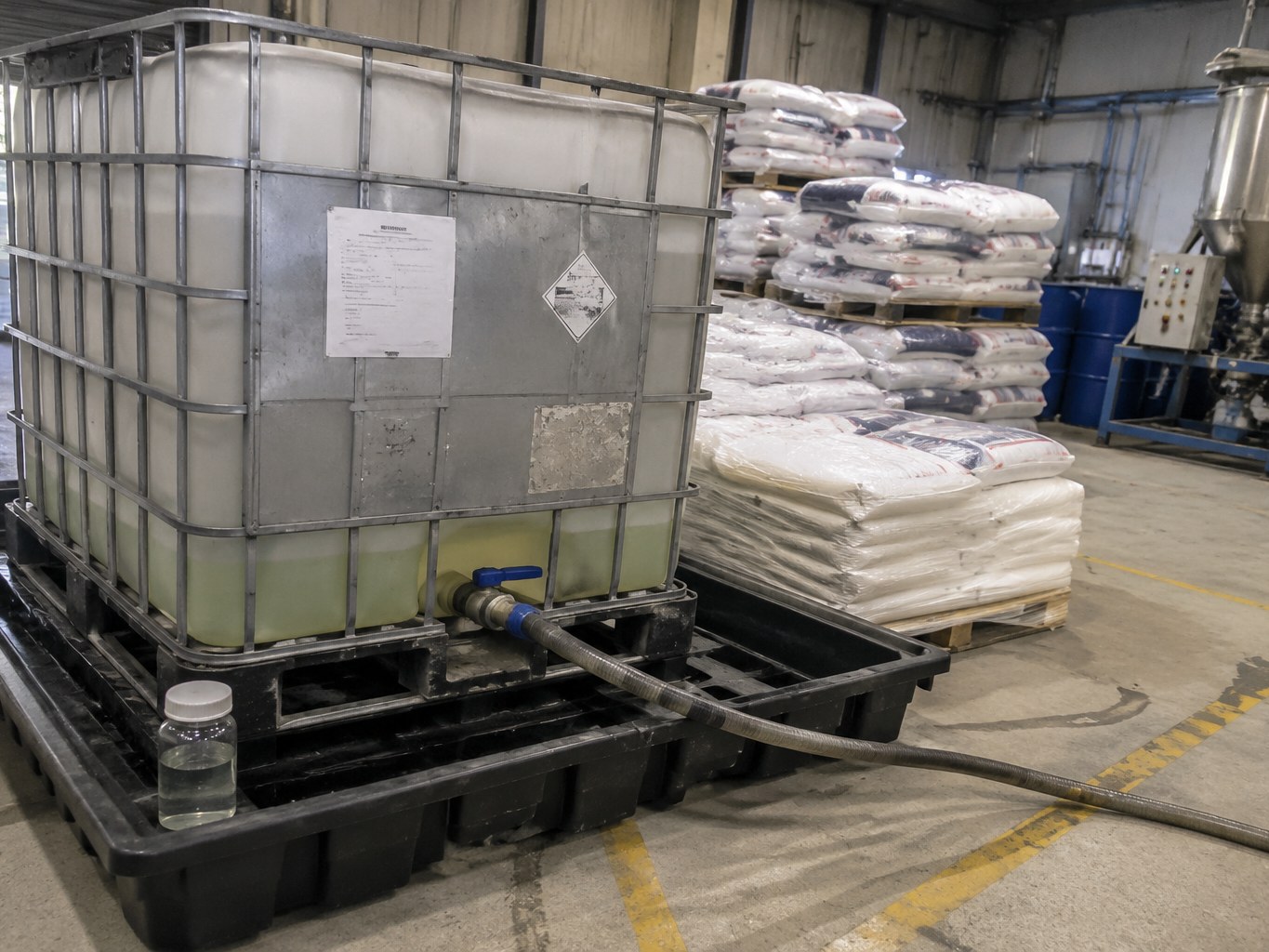 Pale oily DINCH plasticiser in an IBC beside stacked polymer sacks and processing equipment.