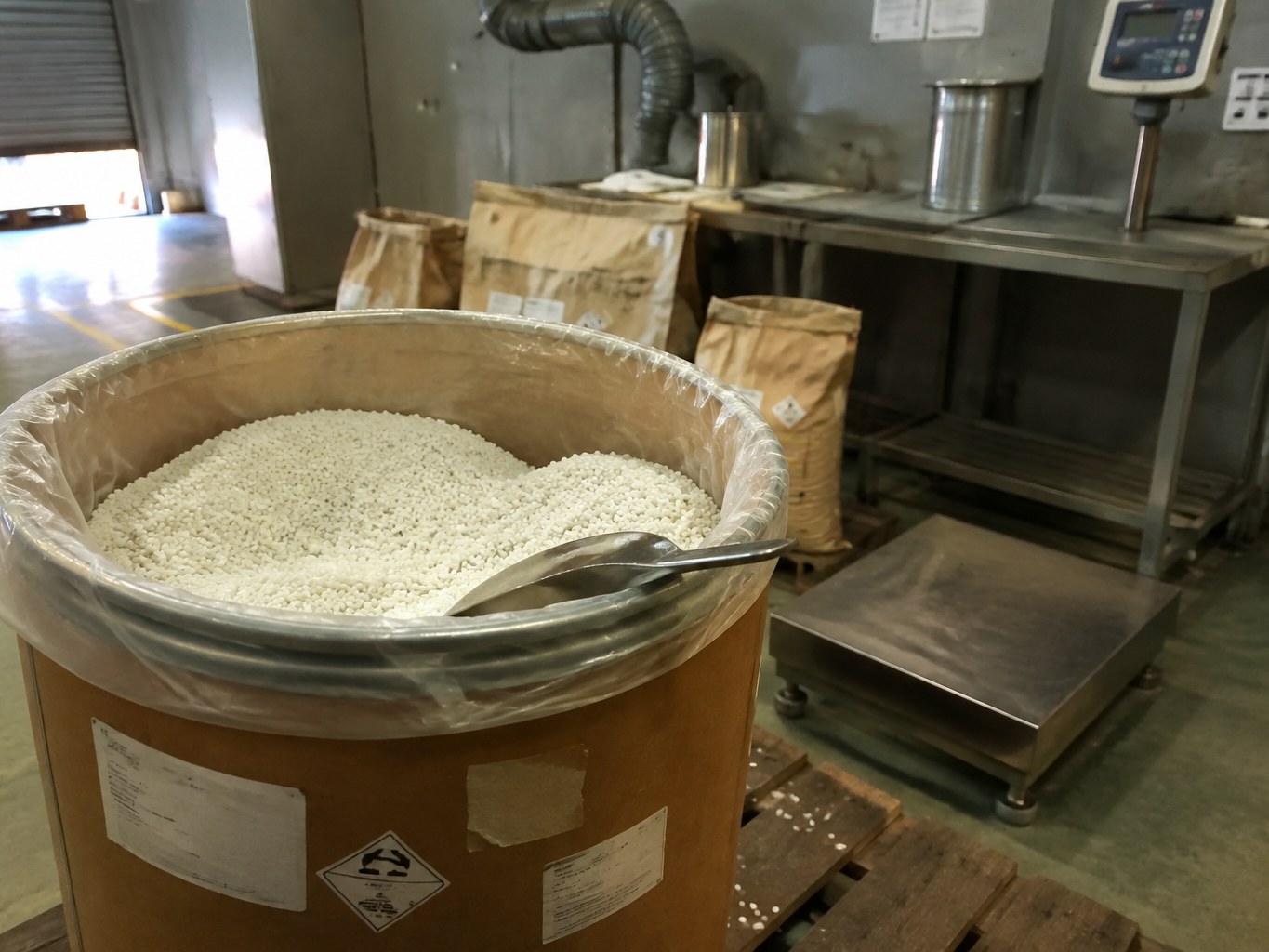 Open fibre drum of off-white diphenylguanidine granules at a rubber additive weigh station.