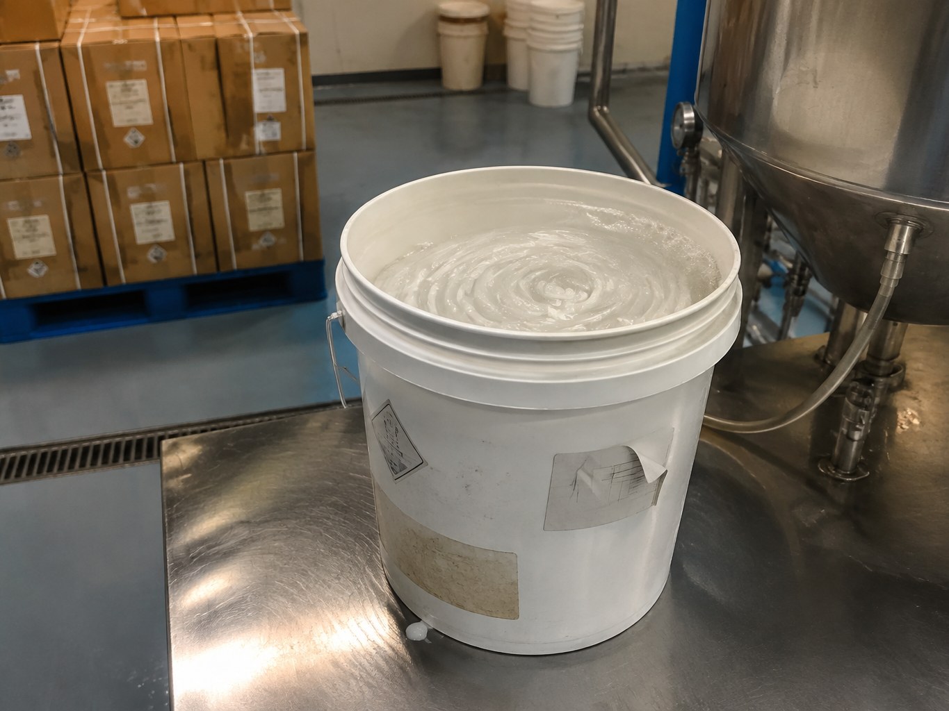 Pale disodium lauryl sulfosuccinate paste in a pail beside a blending tank.