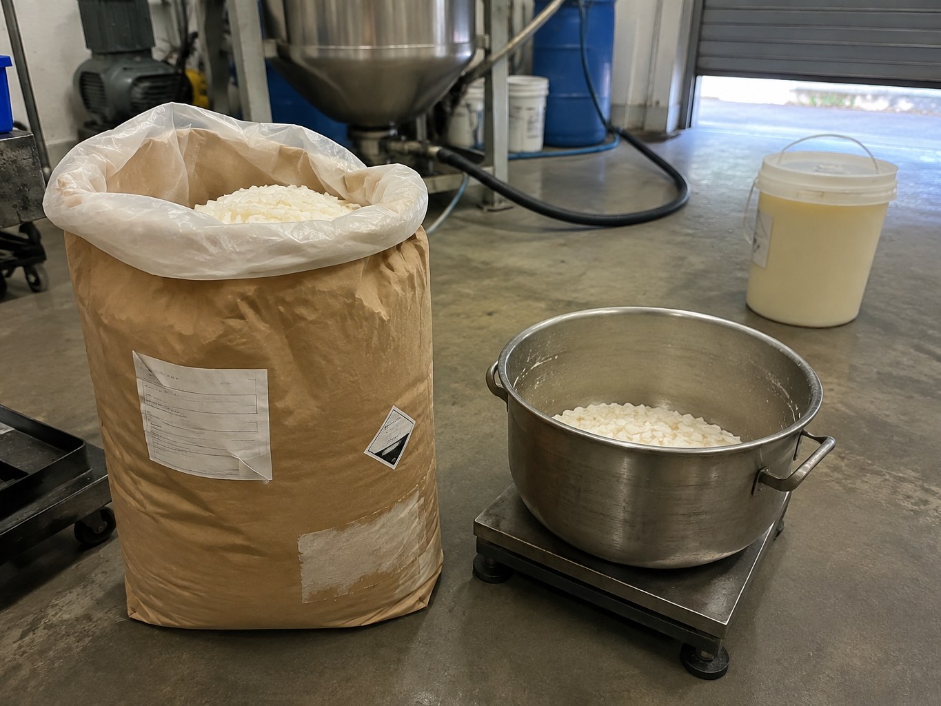 Open sack and pan of white potassium laurate flakes in a cleaner blending room