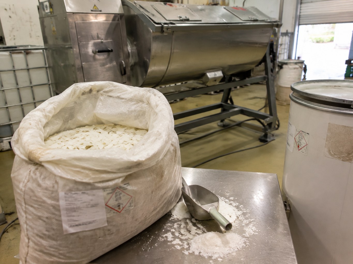 White sodium laurate flakes in an open sack beside detergent blending equipment.