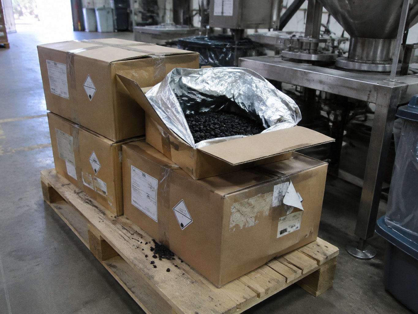 Open foil-lined carton of black epoxy moulding compound granules beside encapsulation equipment