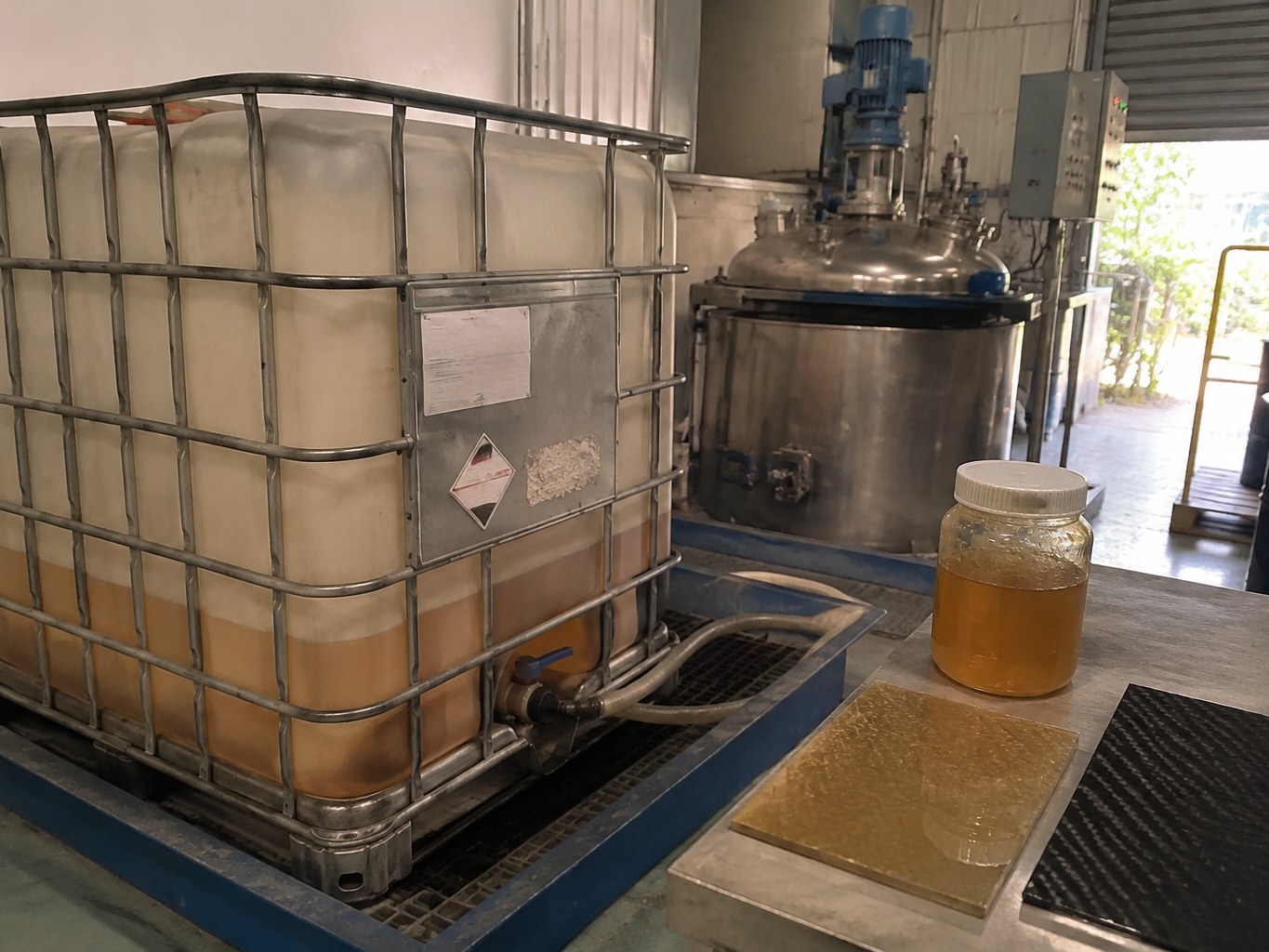 Amber polyether triamine in an IBC beside an epoxy formulation vessel.