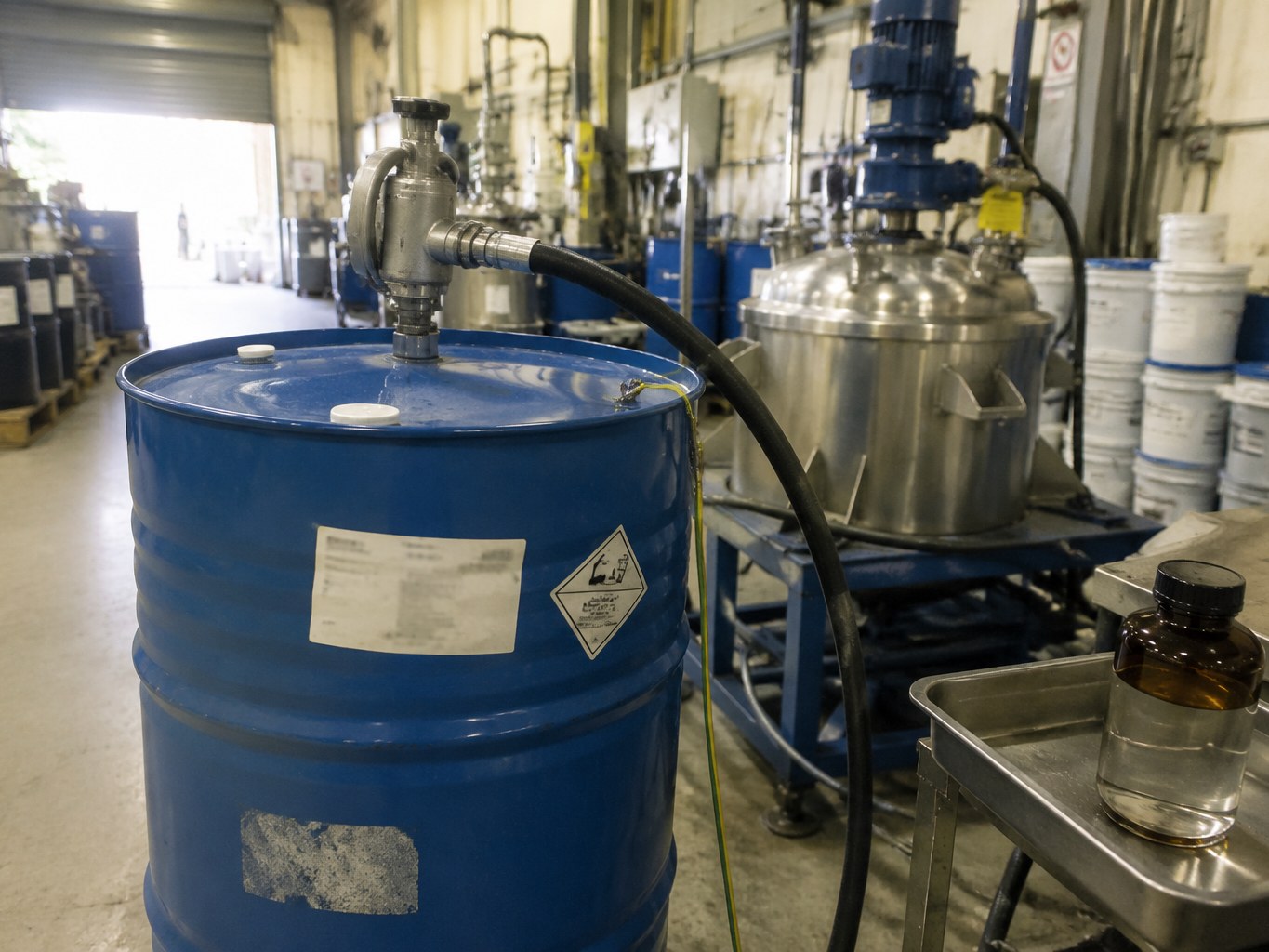 Blue drum of hydroxypropyl methacrylate connected to a coatings resin mixing vessel