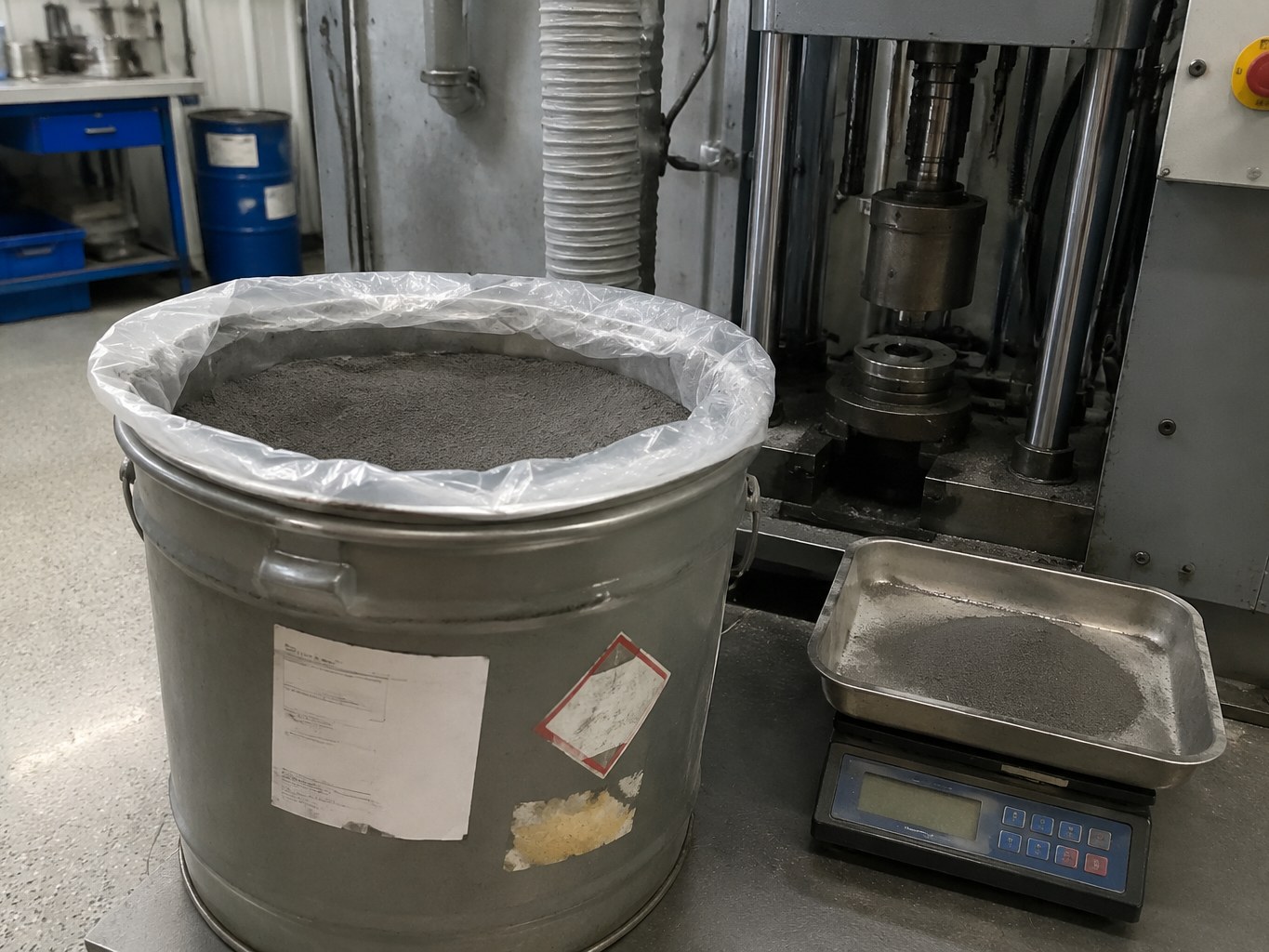 Open steel pail of grey iron powder beside powder-metallurgy weighing equipment.