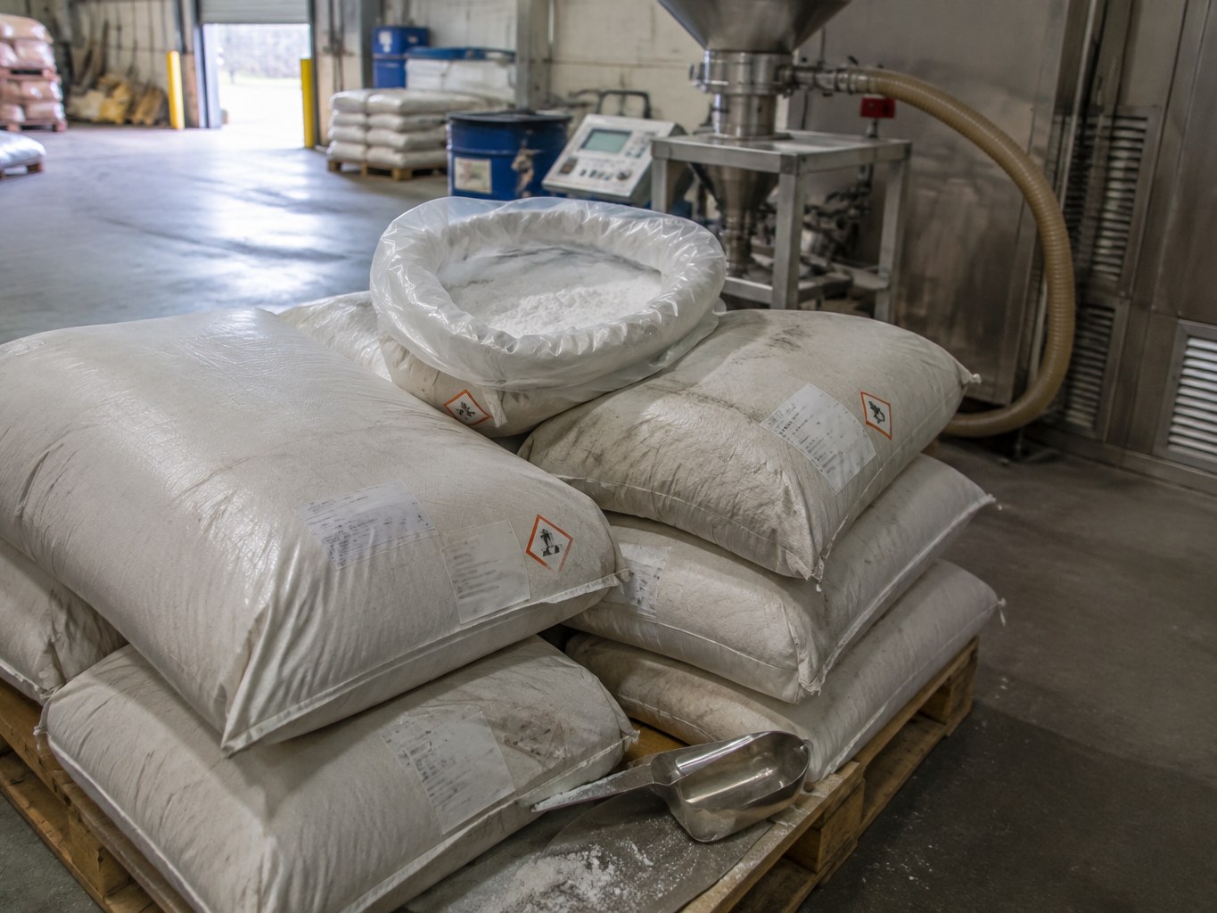 Stacked sacks of white isophthalic acid powder beside a resin plant feeder
