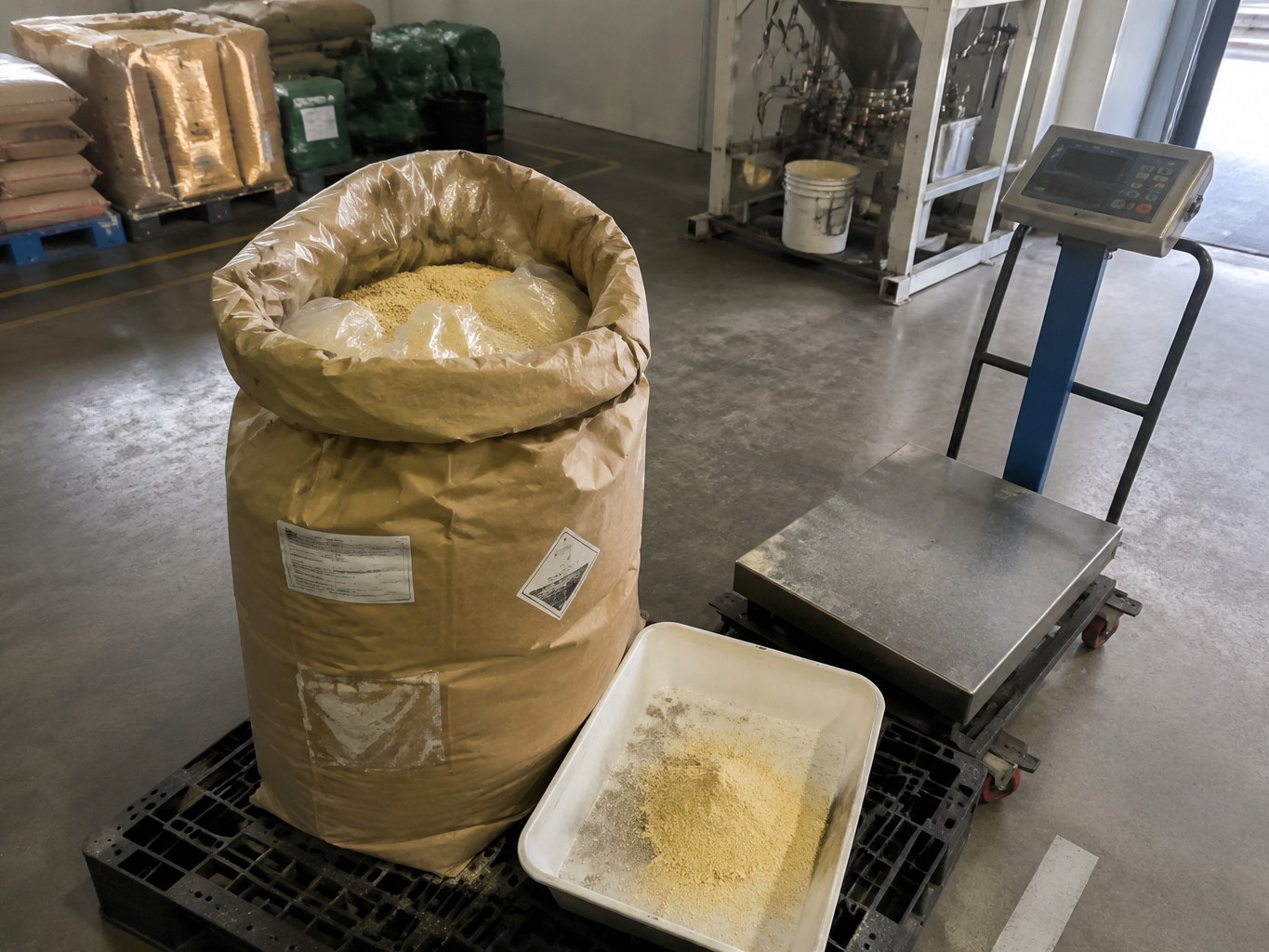 Open lined sack of pale MBTS accelerator beside a rubber-compounding floor scale.