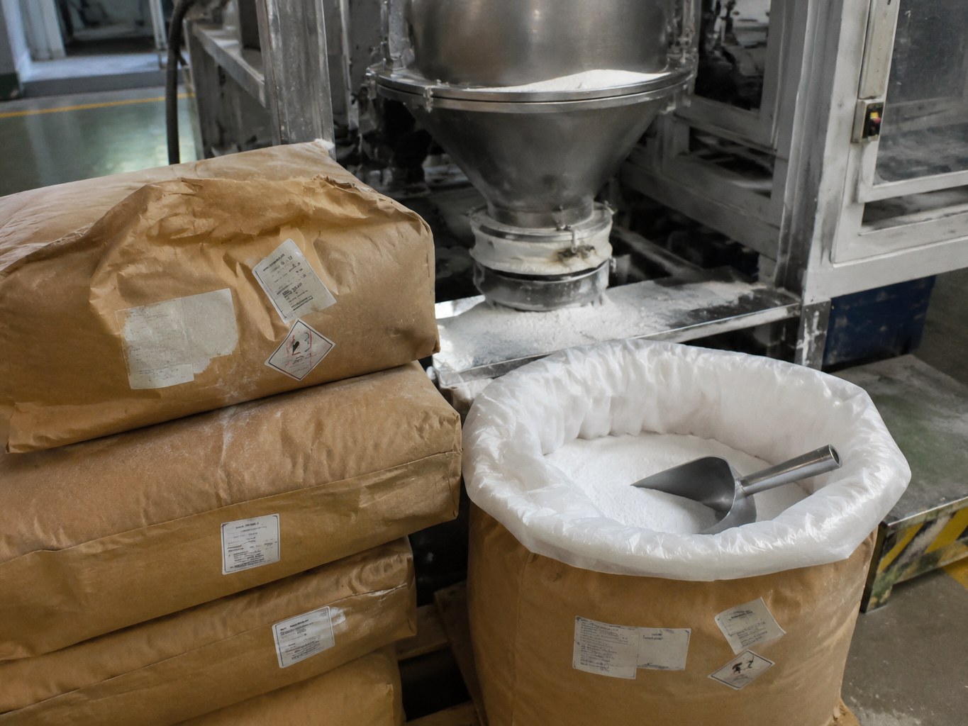Melamine cyanurate powder sacks beside a lined drum and plastics compounding hopper.