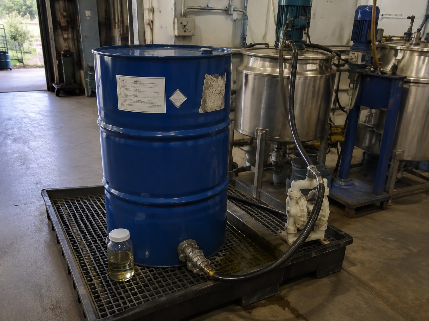 N-butyl oleate drum connected to a transfer pump in a lubricant blending bay.