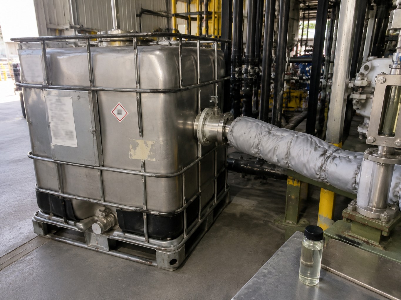 N-formylmorpholine IBC connected to stainless process piping in an extraction plant.