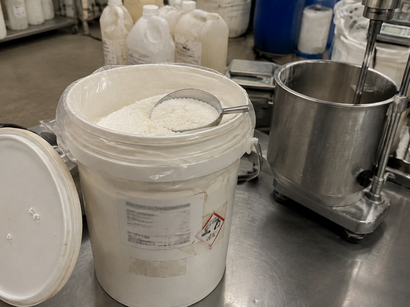 Open pail of white potassium caprylate powder beside a surfactant mixer.