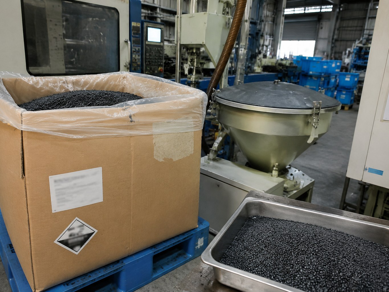 Open bulk carton of black PC/ABS pellets beside an injection-moulding hopper.