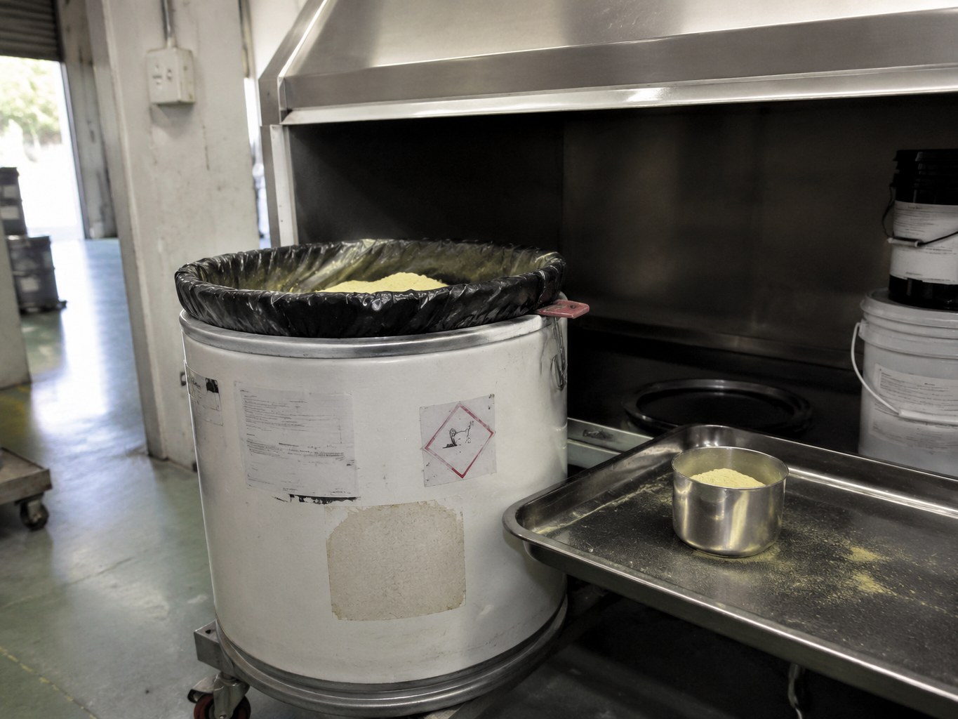 Fibre drum of pale yellow BAPO powder beneath a local extraction hood