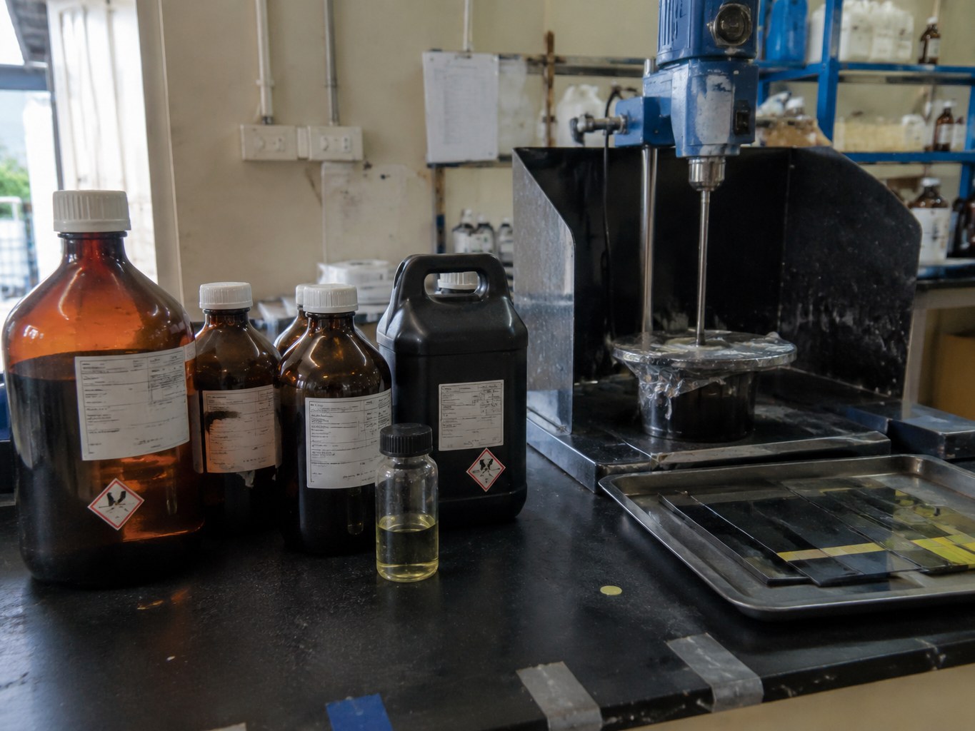 Amber TPO-L photoinitiator bottles beside UV coating test panels and mixing equipment.