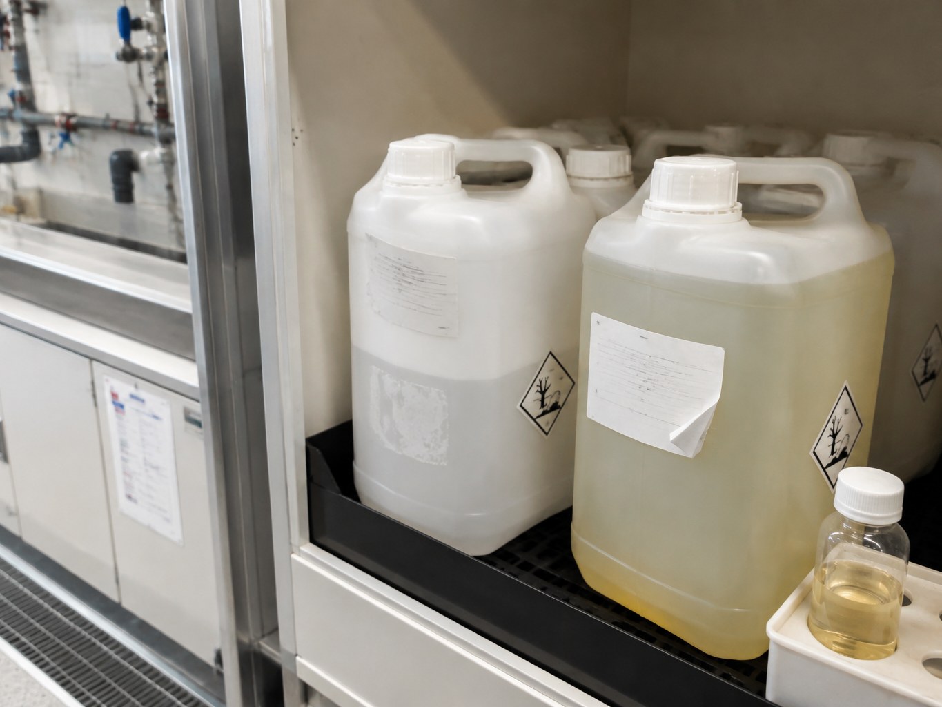 HDPE jerrycans of pale photoresist stripper inside a semiconductor chemical cabinet.