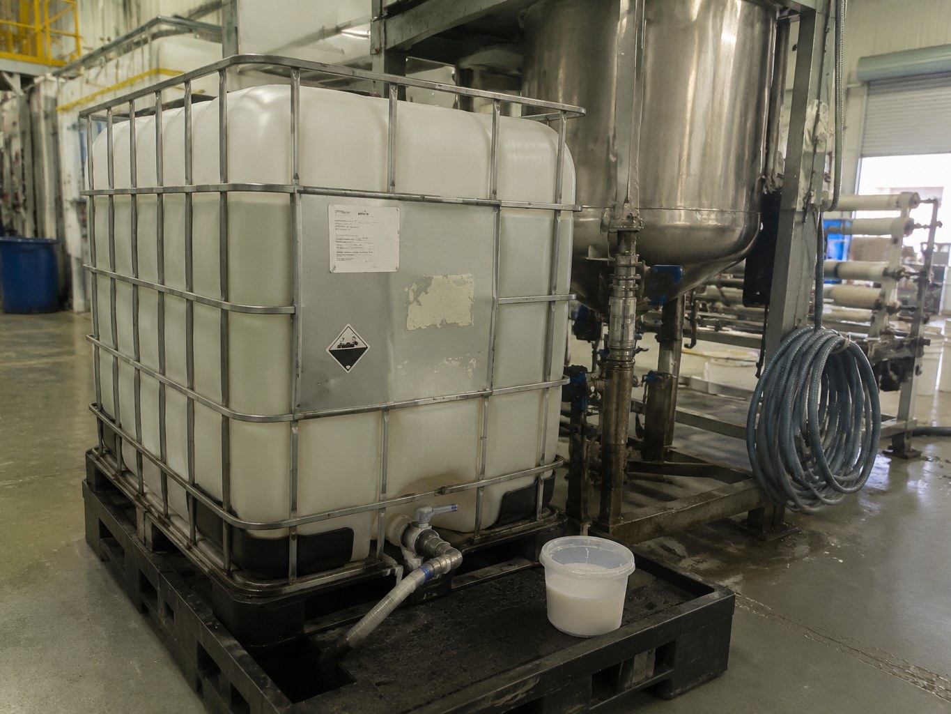 Milky polychloroprene latex IBC beside a stainless adhesive mixing vessel