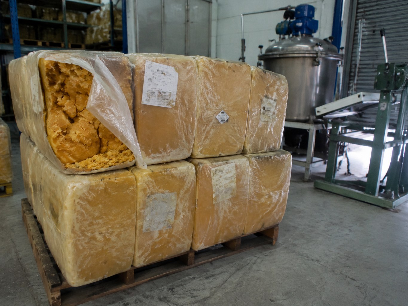 Wrapped bales of pale amber polychloroprene rubber in an adhesive production area.