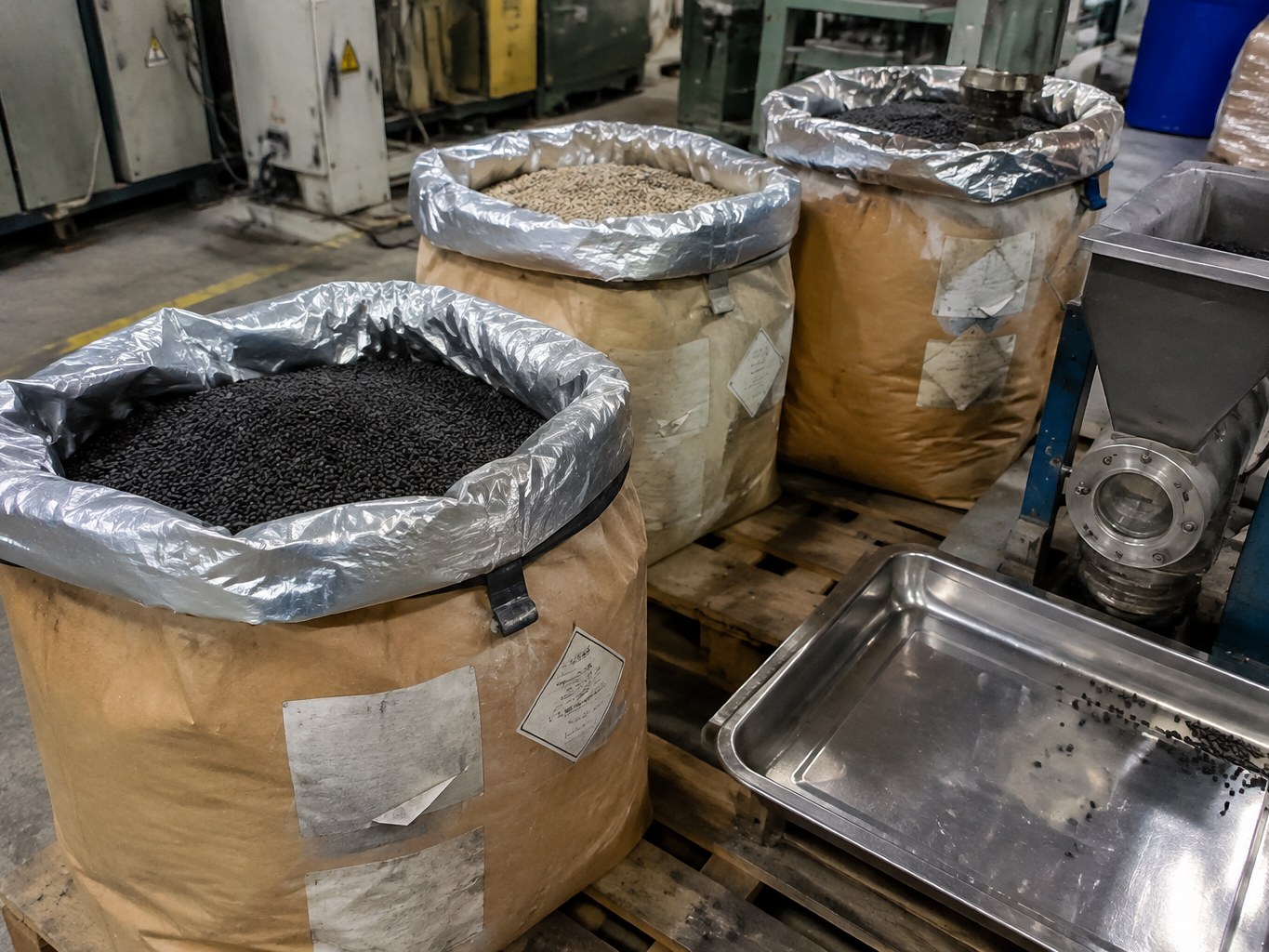Open lined sacks of black polyphenylene sulfide pellets beside a material feeder