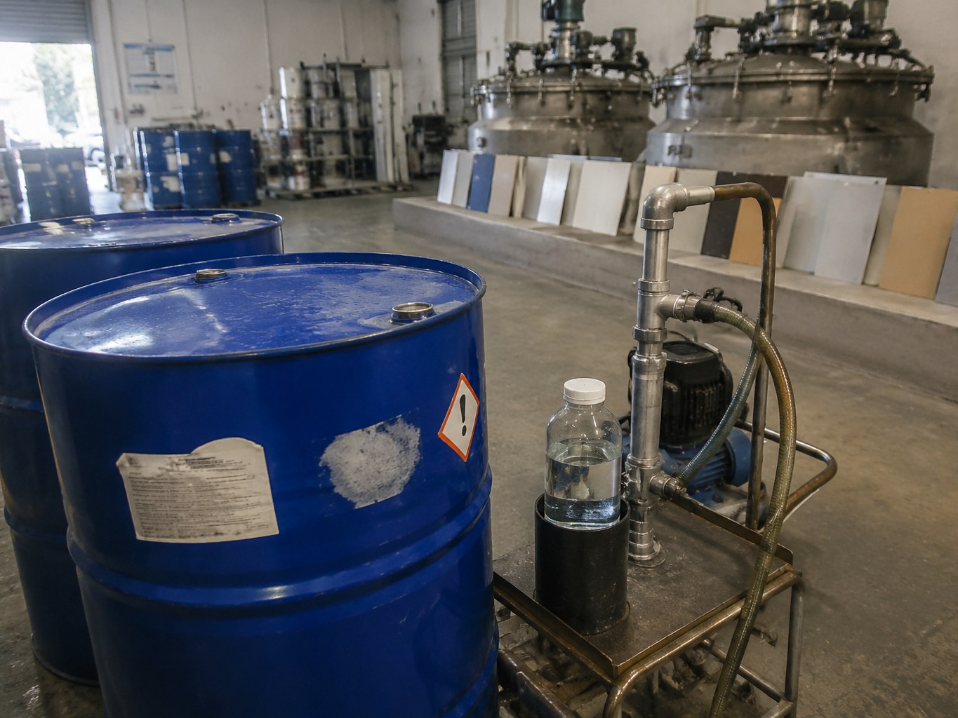 Blue drum and clear propylene glycol diacetate sample in a coatings plant.