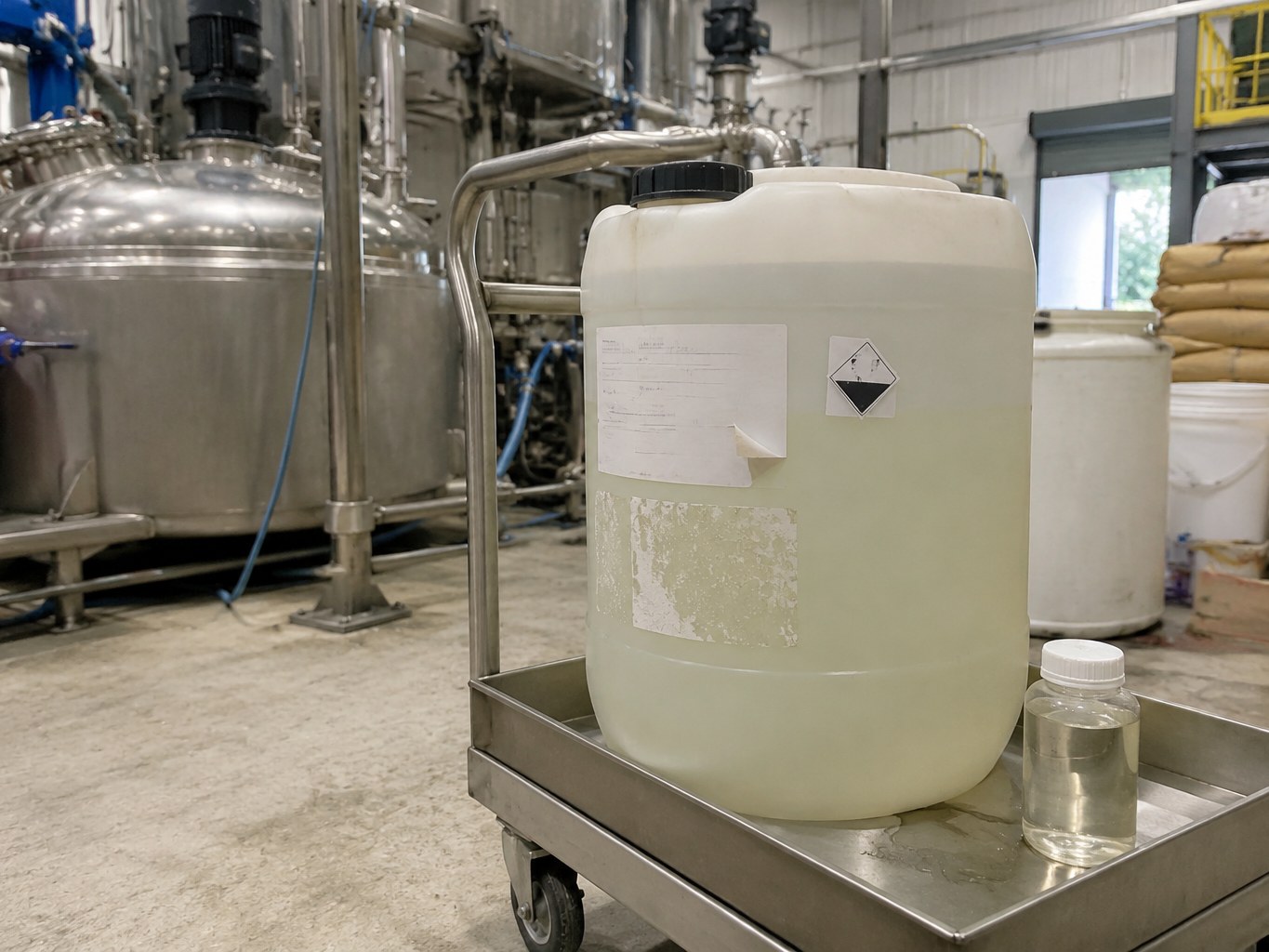 Translucent drum of pale sodium sarcosinate solution beside stainless blending vessels.