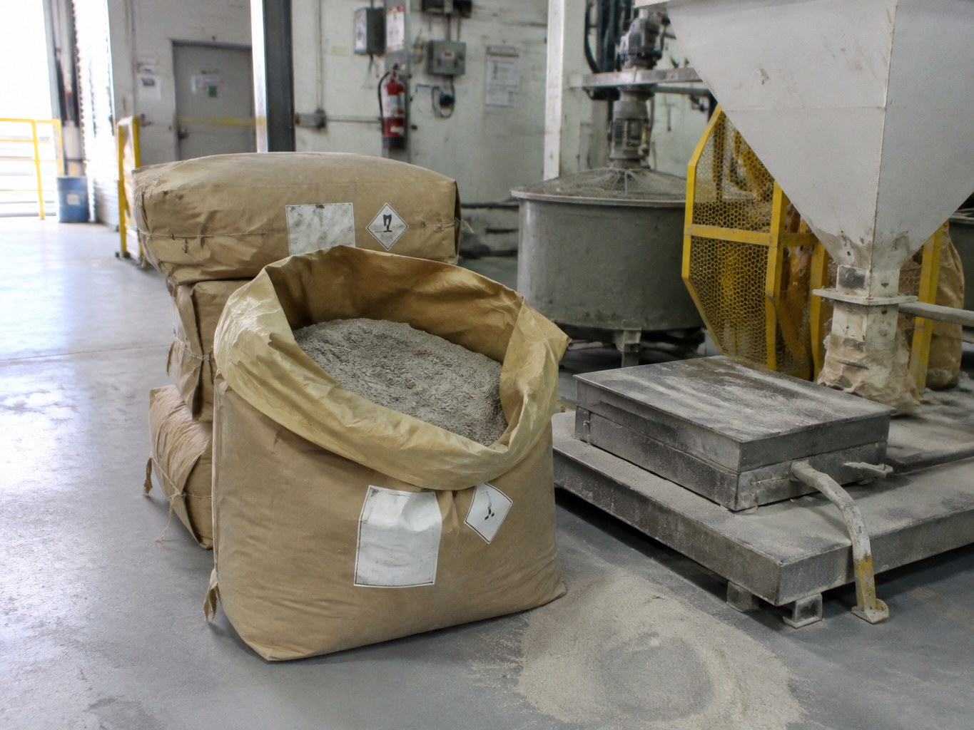 Grey sillimanite granules in open sacks beside a refractory material hopper.