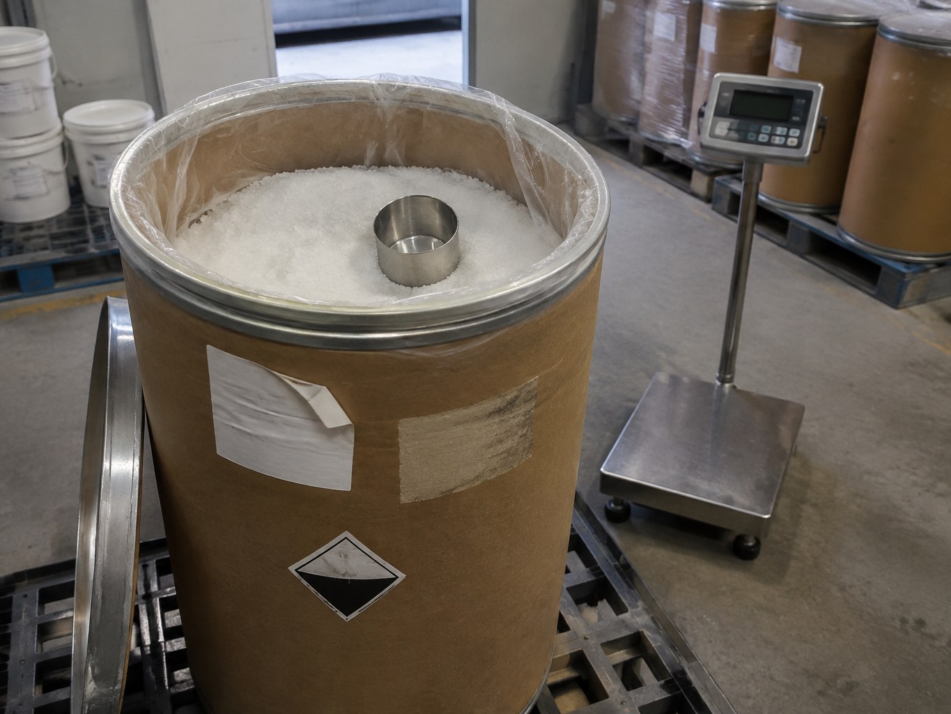 Open fibre drum of white sodium caprylate crystals beside a process scale.