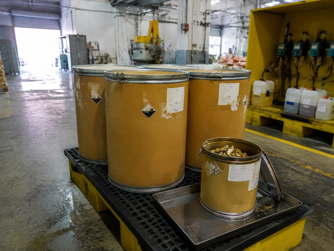 Lined drums and sample pail of brown sodium hydrosulfide flakes in reagent storage.