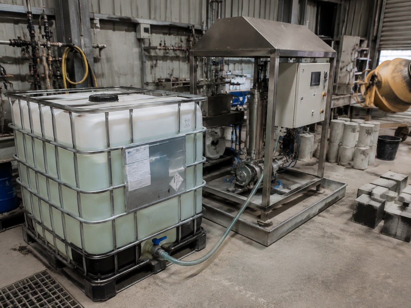 Sodium methylsilanetriolate IBC connected to dosing equipment at a concrete admixture station.