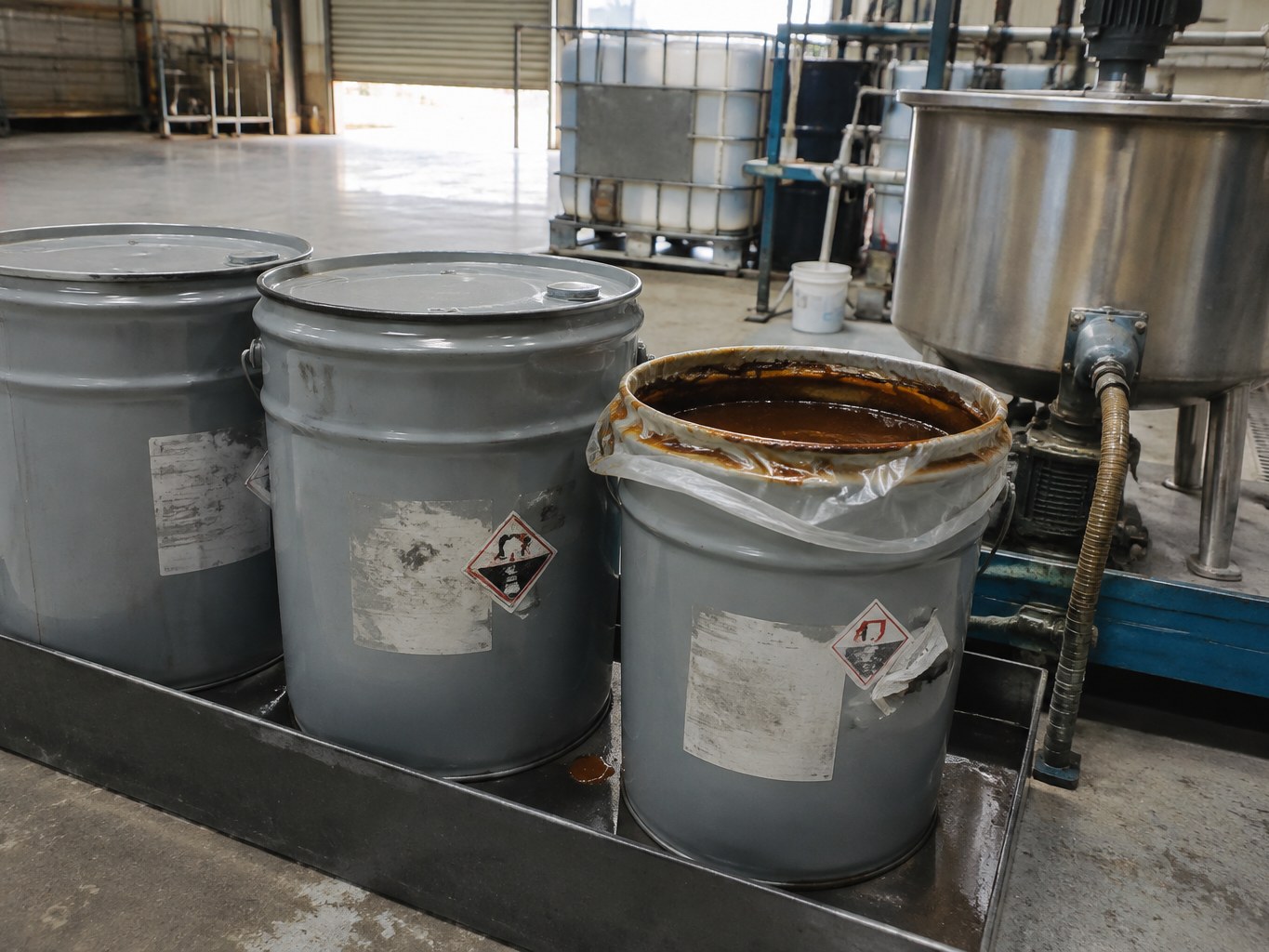 Brown sodium petroleum sulfonate paste in open pails beside a blending vessel.