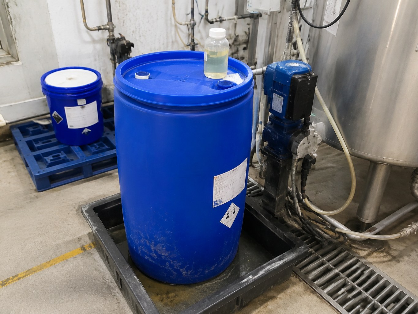 Sodium thioglycolate solution drums beside stainless textile chemical processing equipment.