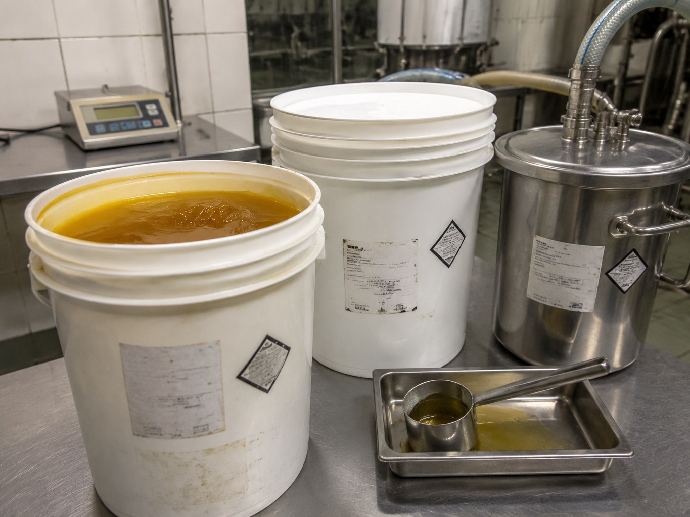 Open pails of amber sorbitan laurate paste in a maintained blending room