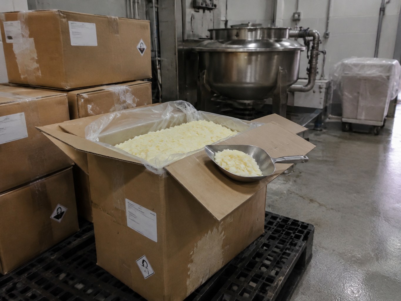 Open carton of pale sorbitan monopalmitate flakes beside a food emulsifier kettle