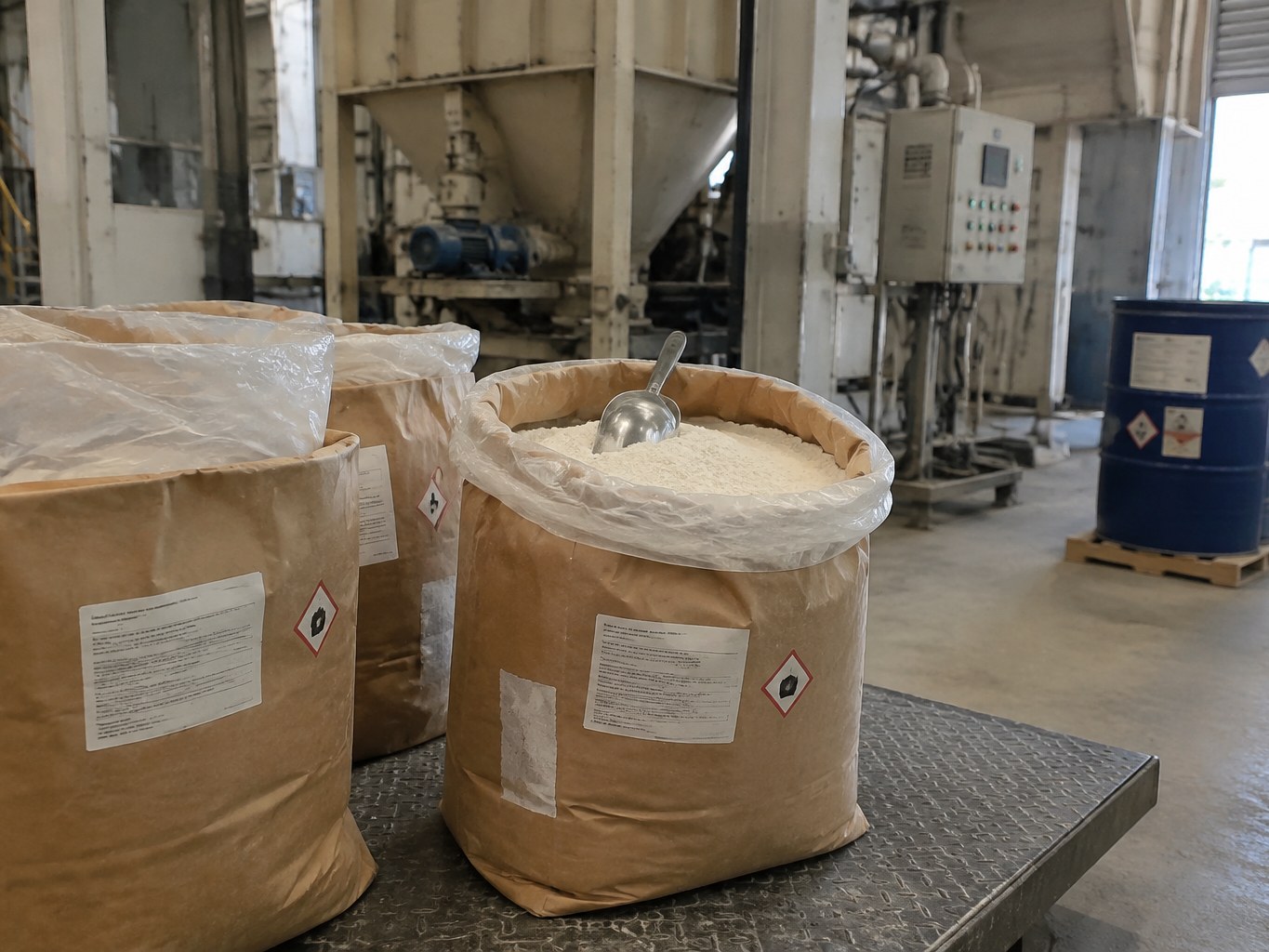 Sulfonated melamine formaldehyde powder sacks beside construction chemical blending equipment.