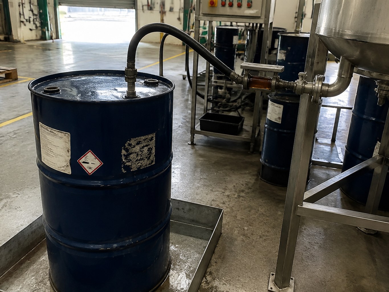 Blue drum of dark sulfurized isobutylene connected to a lubricant blending vessel