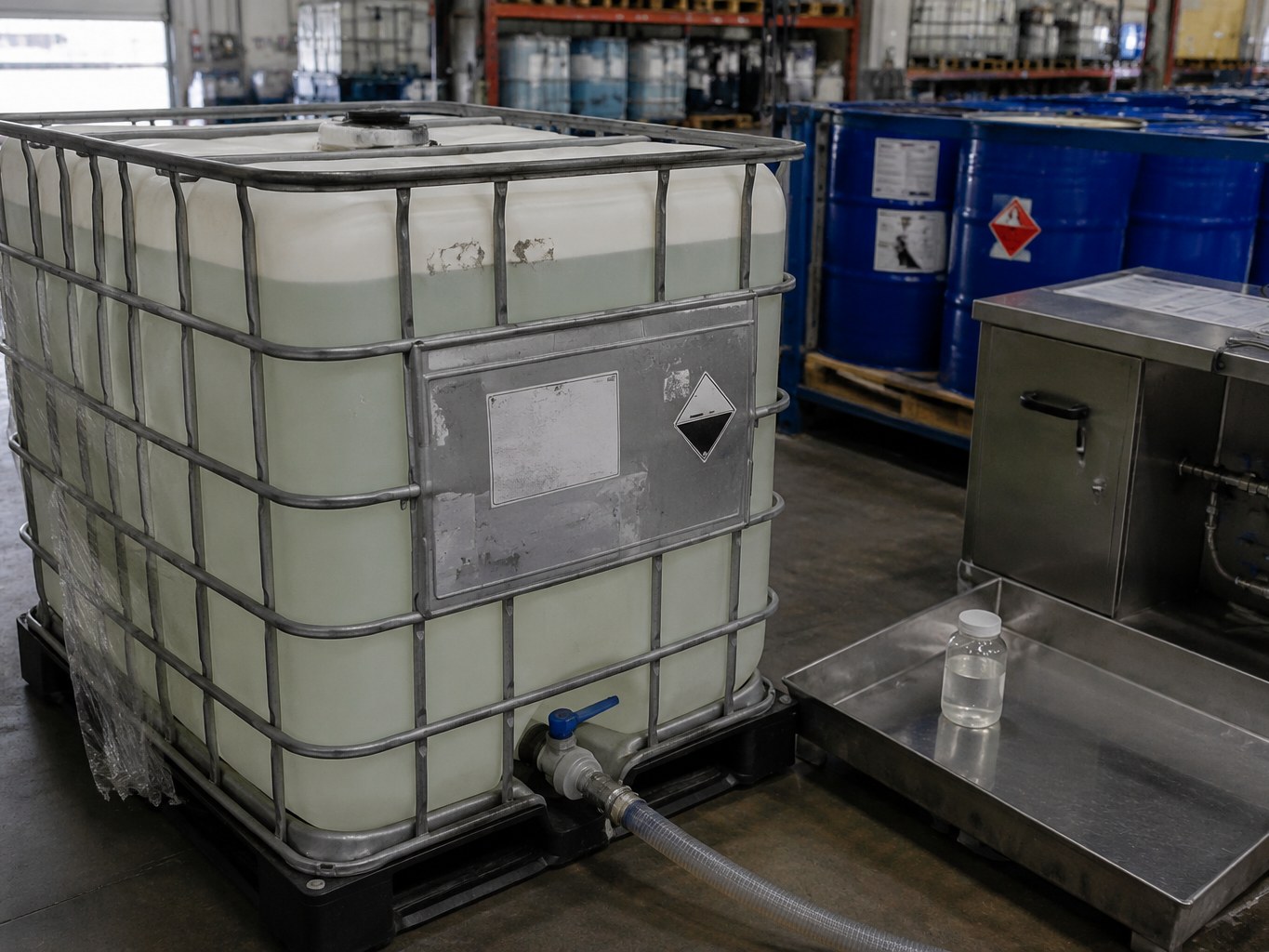 Clear tetraethylene glycol in an IBC beside a stainless dosing tank
