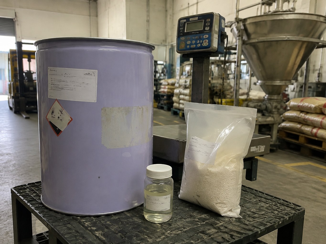 Drum, sample bottle and granular pack of triallyl isocyanurate at a polymer station.