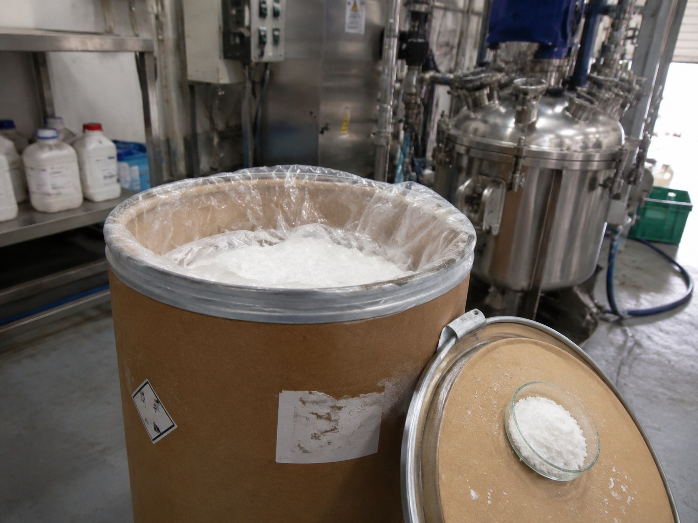 Open fibre drum of white trimesic acid crystals beside pilot synthesis equipment.