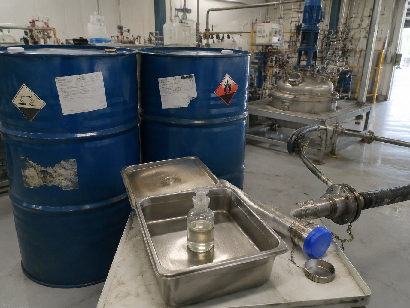 Tripropylamine drums and sample bottle beside a stainless synthesis reactor.
